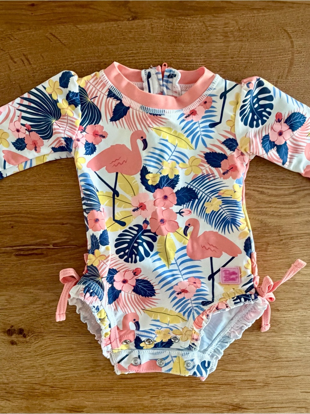 Ruffle Butts Pink Navy Yellow Flamingo Long-Sleeve Swim One-Piece